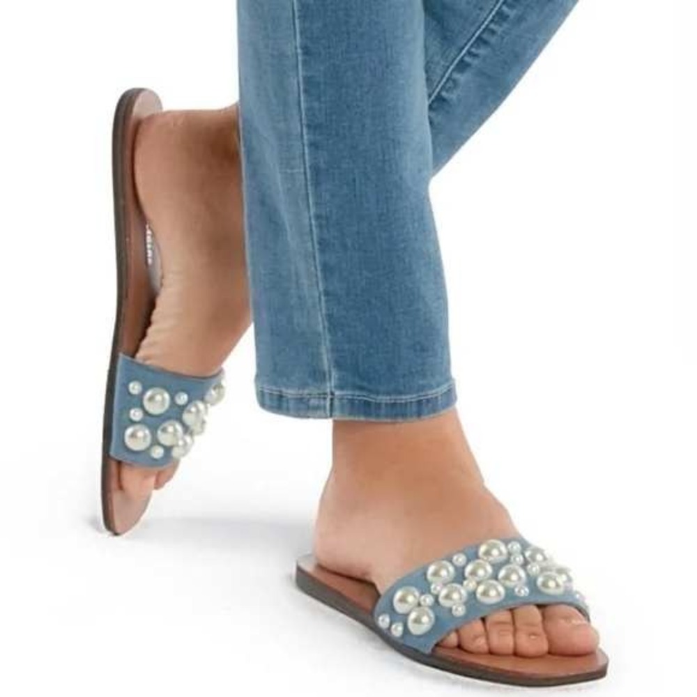 Lauren Lorraine Womens Denim Pearl Embellished Slide Sandals Size 9.5 /#S2623